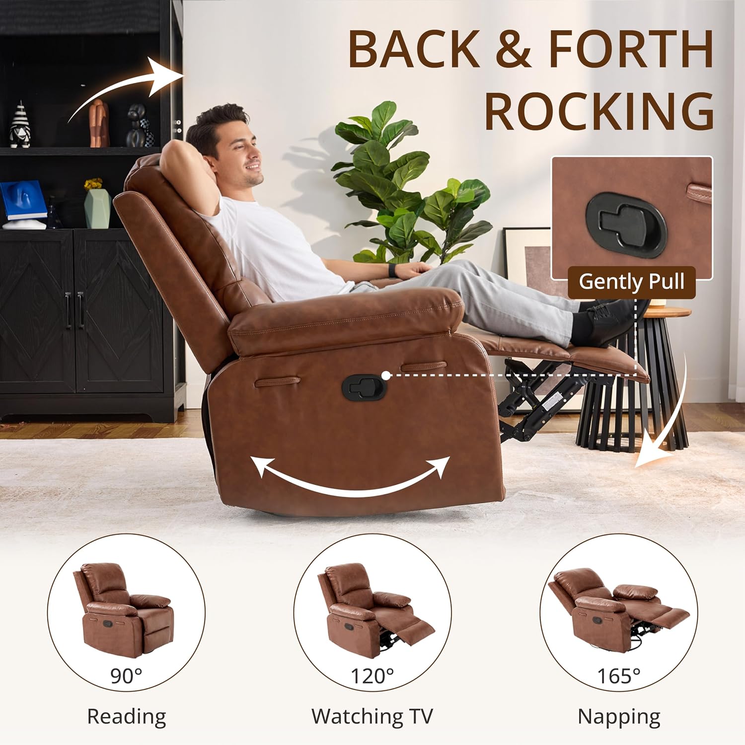 360° Swivel Rocking Leather Recliner Chair Set of 2, Overstuffed Manual Recliner with Spring Cushion, Glider Rocking Nursery Single Sofa with Side Pockets for Living Room, Camel