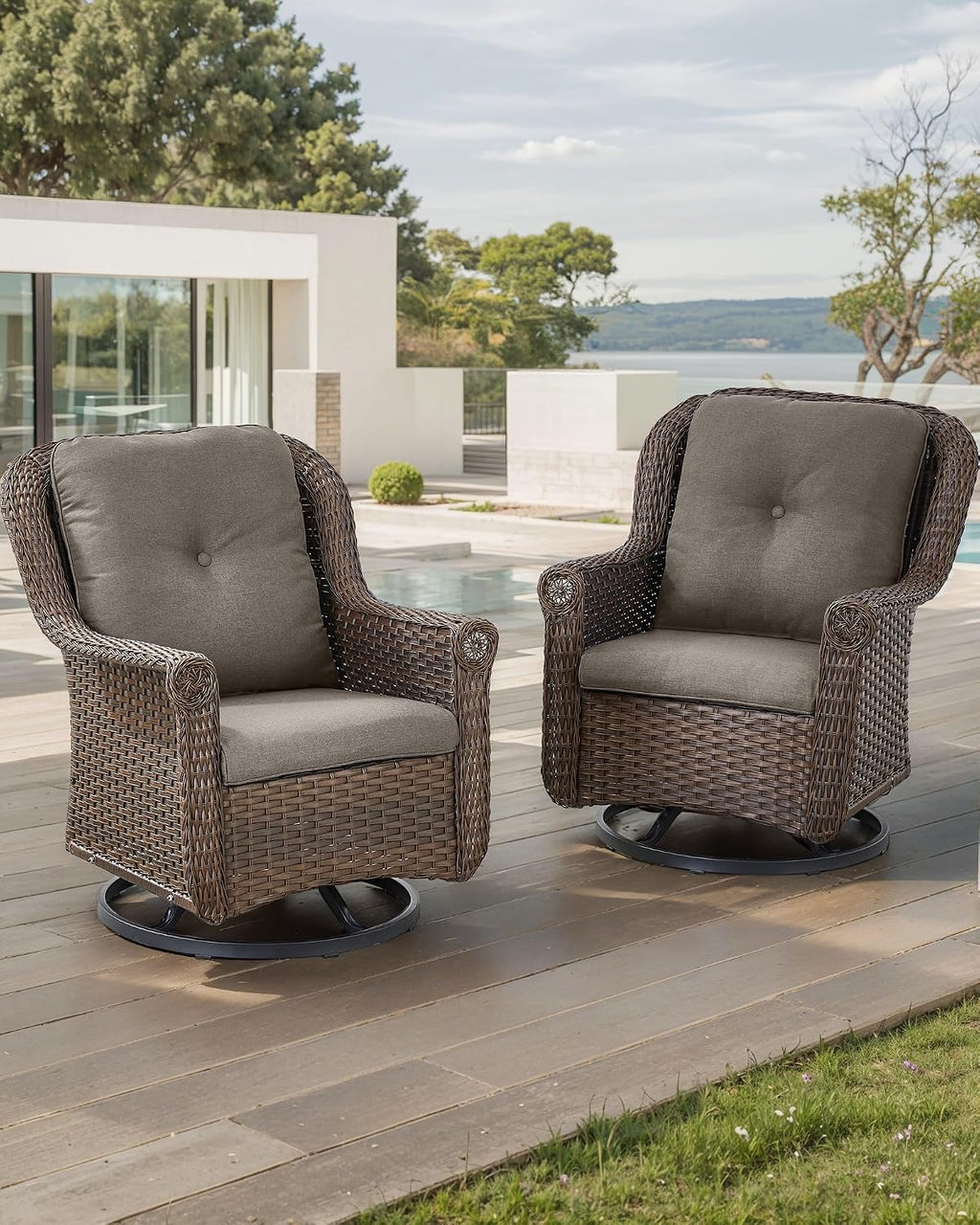 Patio Chairs Outdoor Swivel Glider - Set of 2 High Back Outside Brown Wicker Rattan Rocking Chair with Zippered Cushion for Porch Apartment Deck Yard Poolside Garden - Grey