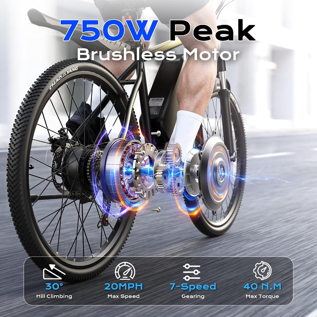 Electric Mountain Bike for Adults, 750W Peak Motor, 22 MPH Commuter Electric Bike, 48V Battery, 50Miles, 24'/26' E-Bike, 7-Speed, Front Suspension, UL Certified