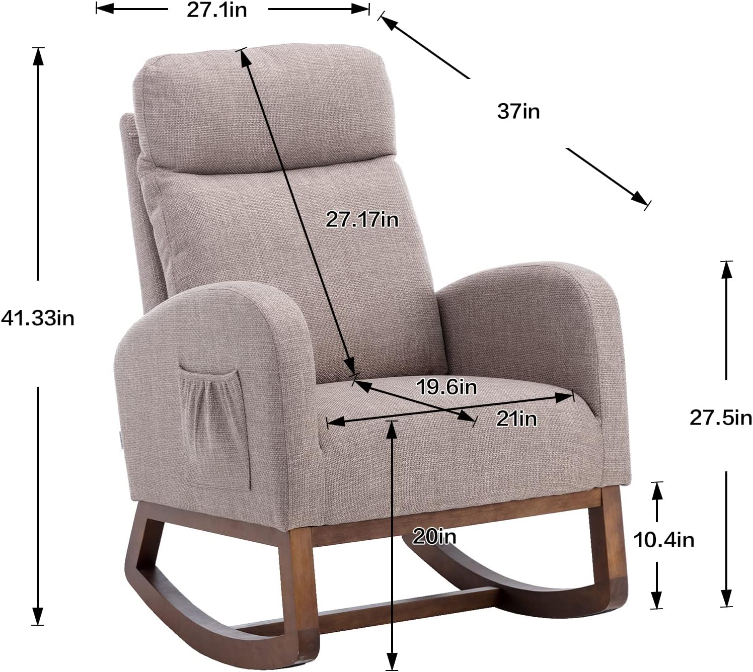 Modern Rocking Chair with Breathable Yellow Linen & Solid Wood Legs - Recliner Glider Armchair Featuring Side Pocket, High Back Support for Nursery, Living Room, Bedroom (Grey)