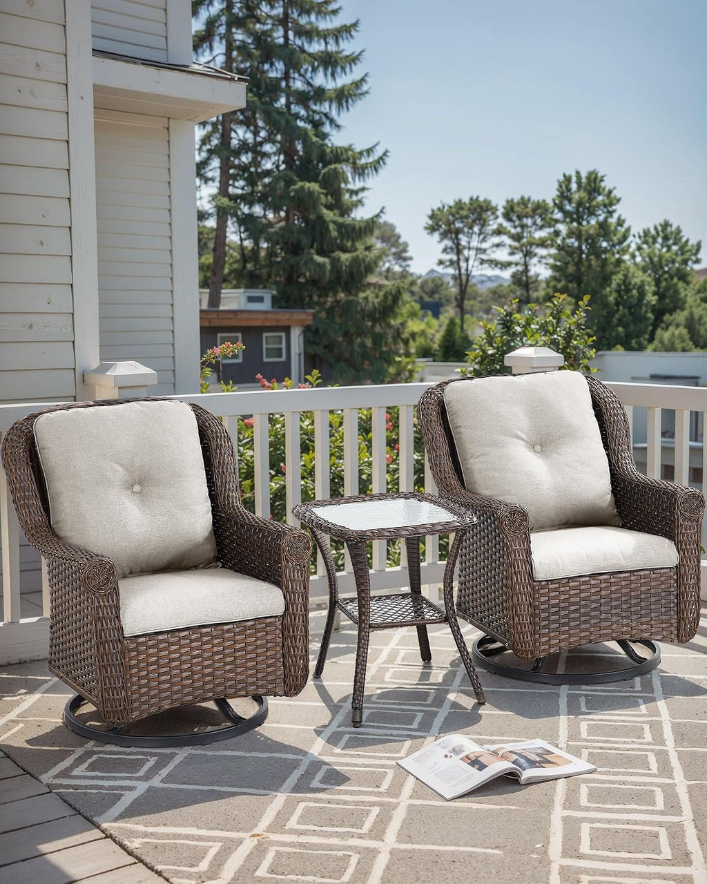 Patio Chairs Outdoor Swivel Glider - Set of 2 High Back Outside Brown Wicker Rattan Rocking Chair with Thick Cushion for Porch Apartment Deck Yard Poolside Garden - Beige