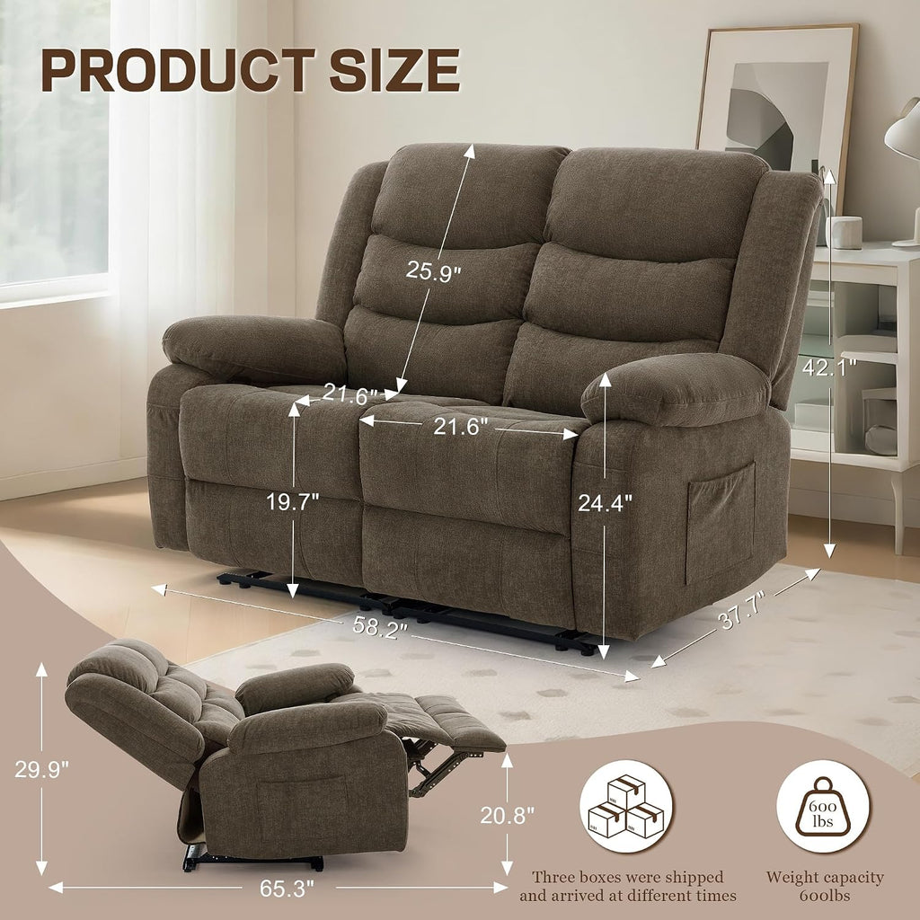 Korser Loveseat Recliner Sofa for RV Furniture and Theater Seating, Wall Hugger Loveseat Recliner, Oversized Loveseats Couch with Front Porckets&Side Pockets, Fabric, Brown