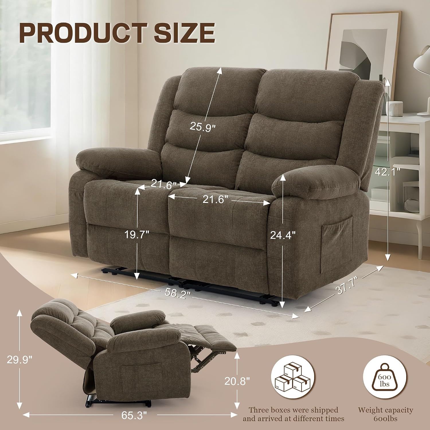 Korser Loveseat Recliner Sofa for RV Furniture and Theater Seating, Wall Hugger Loveseat Recliner, Oversized Loveseats Couch with Front Porckets&Side Pockets, Fabric, Brown