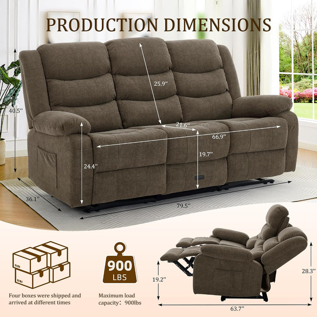 Korser Recliner Sofa, Reclining Loveseat with Console, Oversized Reclining Couch with Drop Down Table, 3-Seater Sofa with Cup Holder and Recessed Power Strip, Brown