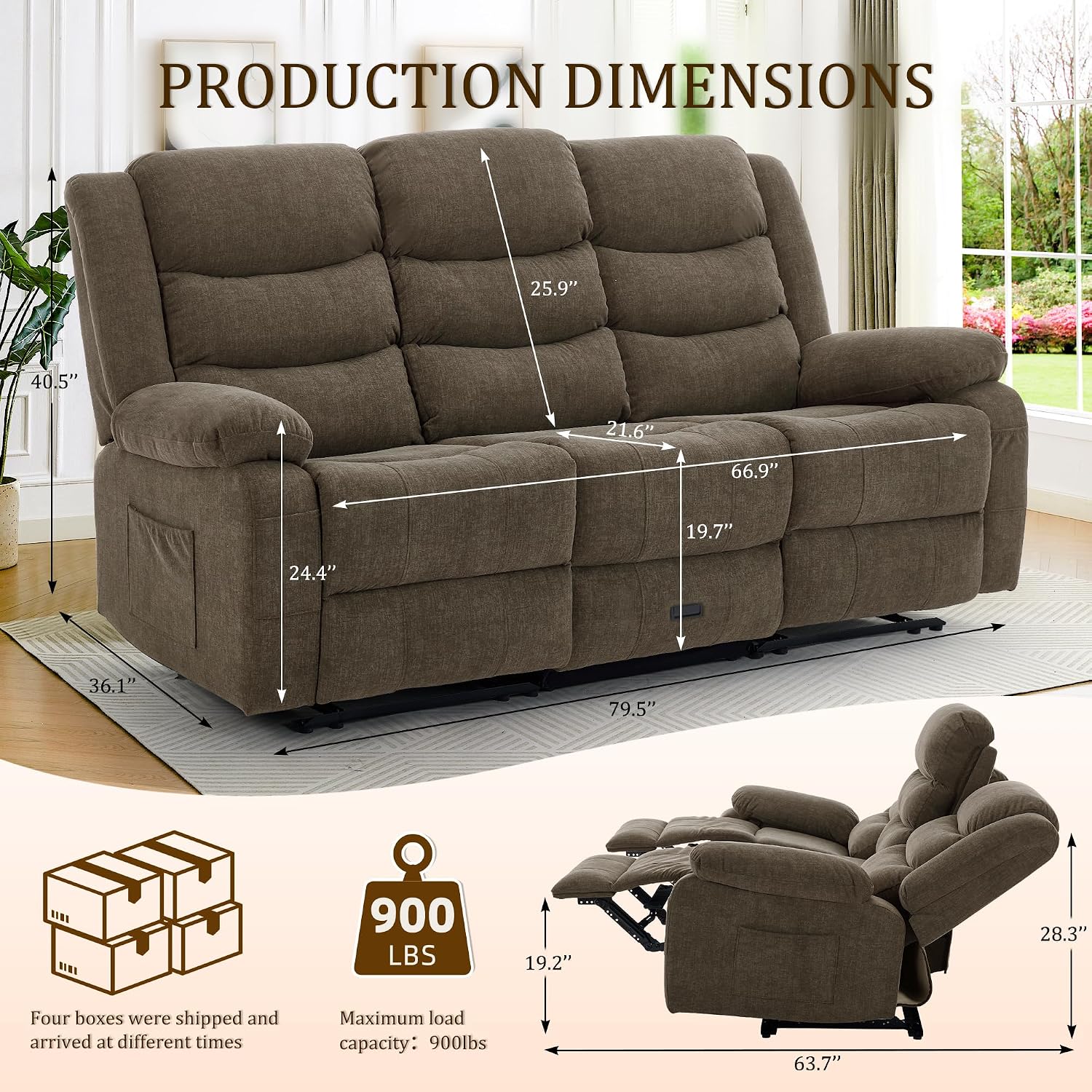 Korser Recliner Sofa, Reclining Loveseat with Console, Oversized Reclining Couch with Drop Down Table, 3-Seater Sofa with Cup Holder and Recessed Power Strip, Brown