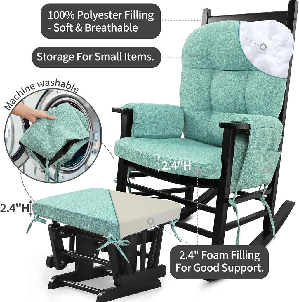 BUYUE Glider Rocker Replacement Cushion 5 PCS with Ties, Linen High-Density Foam Non-Slip & Washable Rocking Chair Pads for Sitting, Light Green