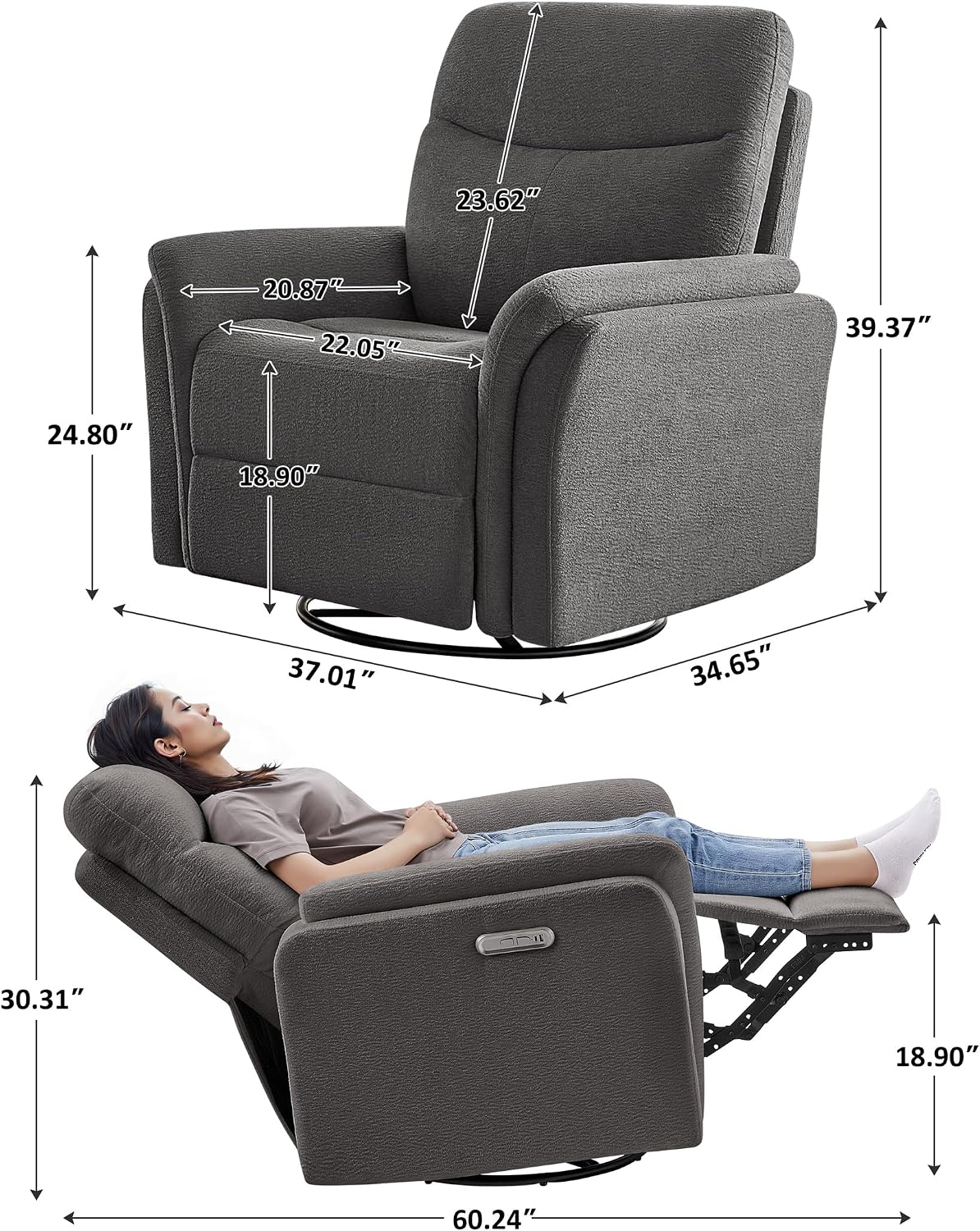 VANOMi Power Recliner Chair Swivel Glider, Electric Rocking Recliner Chairs with USB and Type-C Ports, Nursery Chair Recliner for Office, Living Room, Bedroom（Dark Gray）