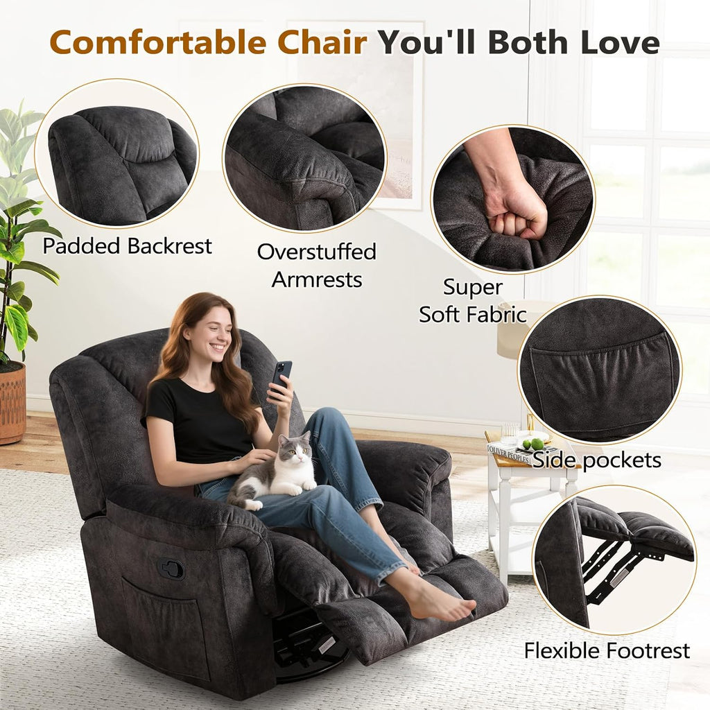 ANJ Rocking Recliner Chair Oversized Swivel Rocker Recliners, Comfy Glider Rocking Chairs for Big Man, Extra Wide Recliners Overstuffed Reclining Chair for Living Room, Grey