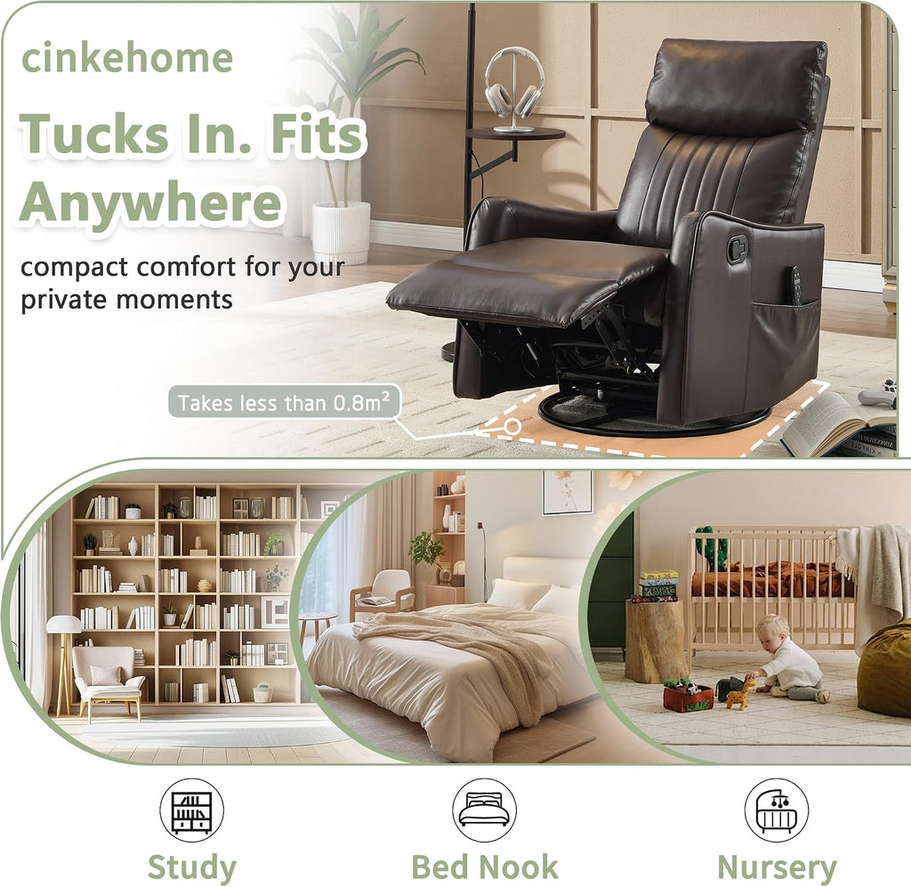 cinkehome Swivel Rocker Recliner, Glider Rocker Recliner Chair for Nursery, Manual Reclining Chair with Heated Massage, Small Spaces, Living Room, Faux Leather Brown