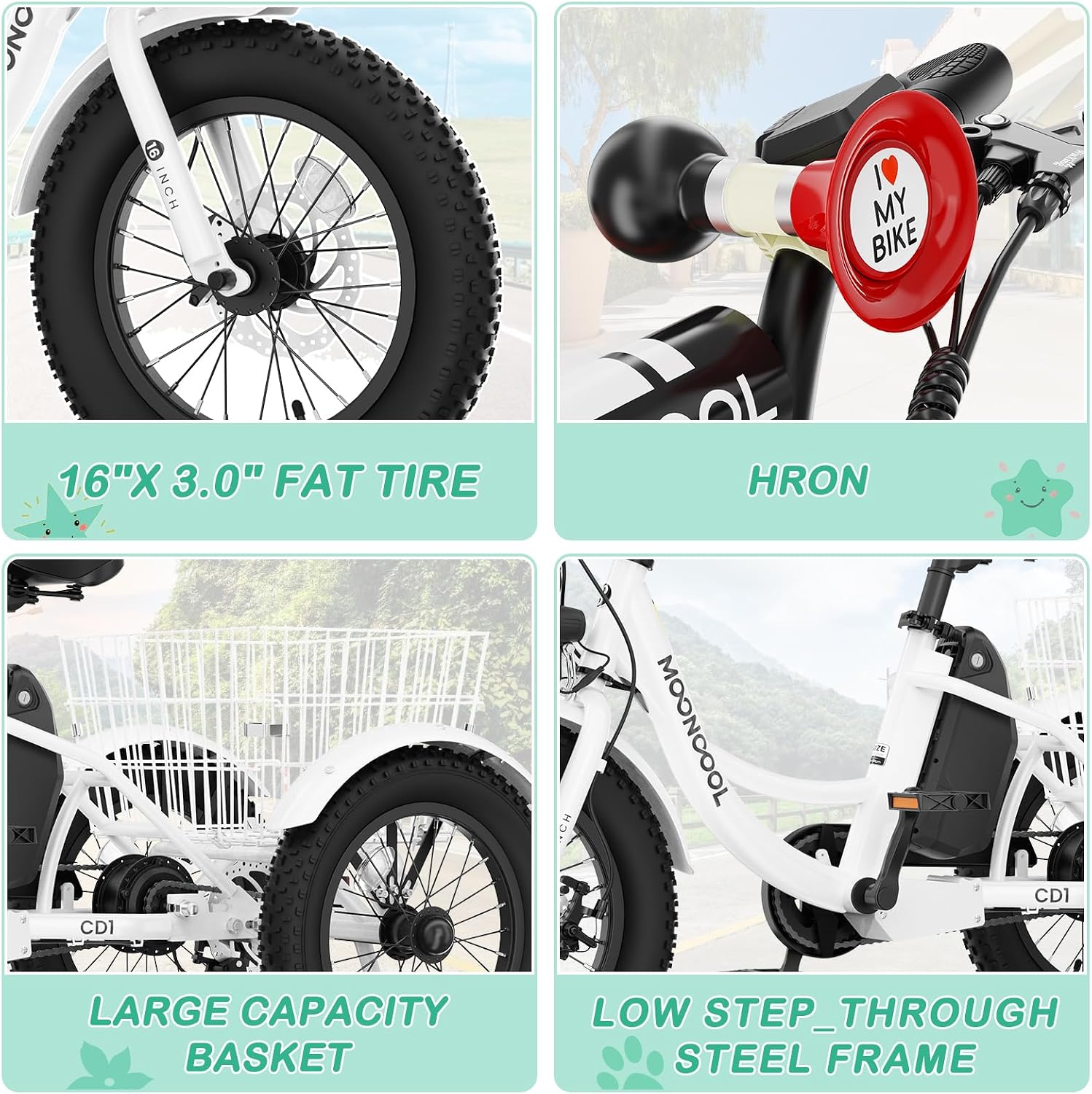 LILYPELLE Electric Tricycle for Youth, 250W Aluminum Frame Electric Tricycle Etrike, 16IN 3 Wheels Electric Bicycle Bikes, 3.0 Fat Tire Electric Trike with Removable Battery and Rear Basket