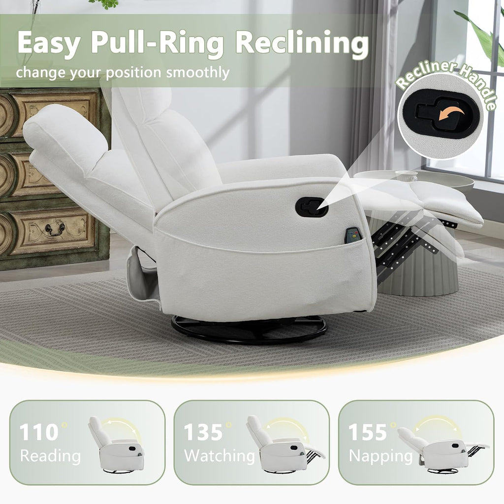 cinkehome Heated Massage Swivel Rocker Recliner Chair for Nursery - Small Space Reclining Chair with Lumbar Support, 360° Swivel & Gentle Rocking, Ergonomic High Back Short Plush Cream White