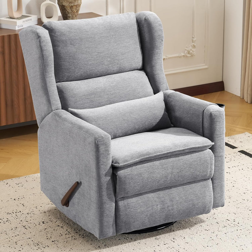 Large Glider Rocker Recliner,Rocking Chair Nursery with Adjustable Headrest,Swivel Rocker Recliner with Lumbar Support,Manual Nursery Rocker Recliner for Living Room& Bedroom,Grey