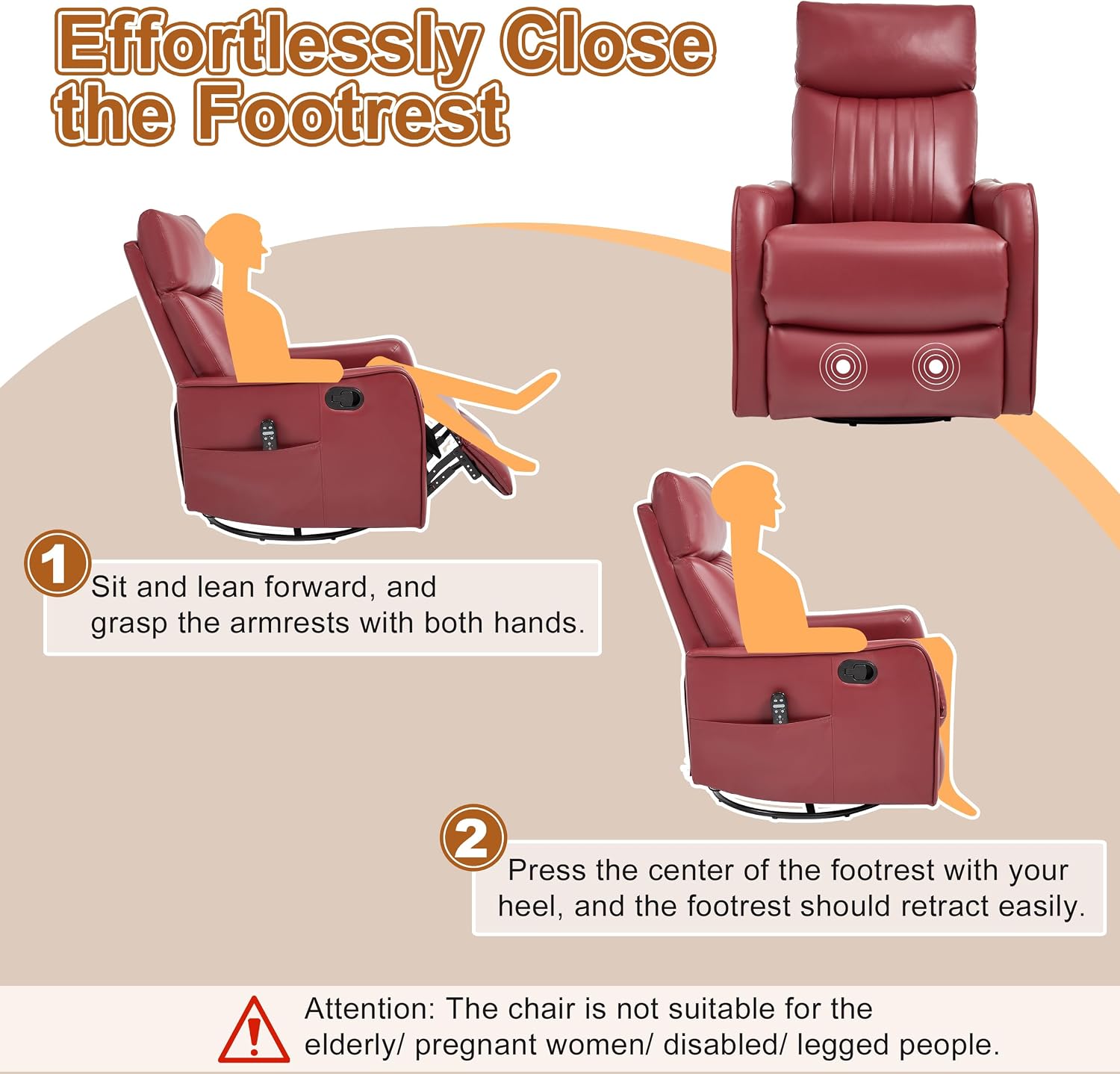 Manual Swivel Rocker Recliner Chair for Adults, Overstuffed Reclining Glider Chair for Nursing with Vibration Massage & Heat, Living Room Rocking Recliner 2-Stage backrest, Faux Leather Red