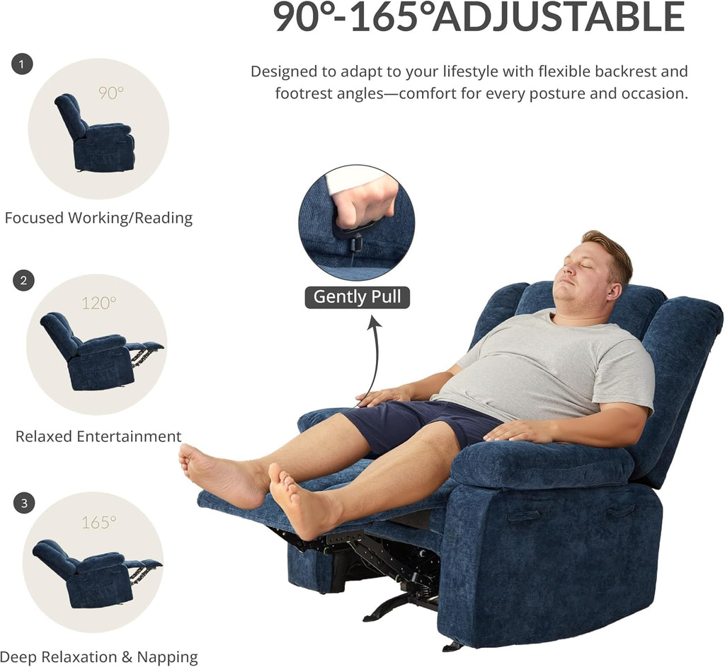 Velvet Rocker Recliner for Adults, Overstuffed Manual Recliner Chair with Spring Cushion, Rocking Chair with Side Pockets, Nursery Glider Recliner Single Sofa for Living Room (Medium, Blue)