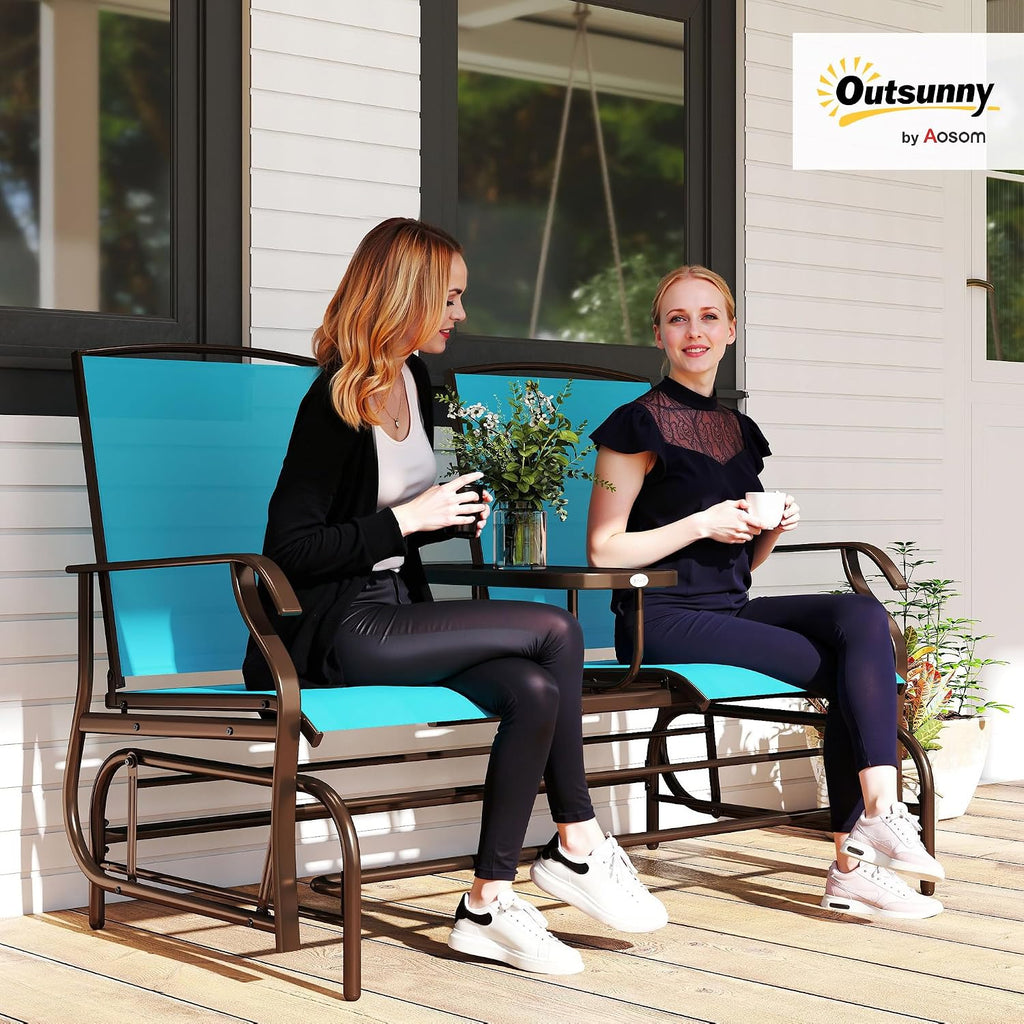 Outsunny Outdoor Glider Bench with Center Table, Metal Frame Patio Loveseat with Breathable Mesh Fabric and Armrests for Backyard Garden Porch, Blue