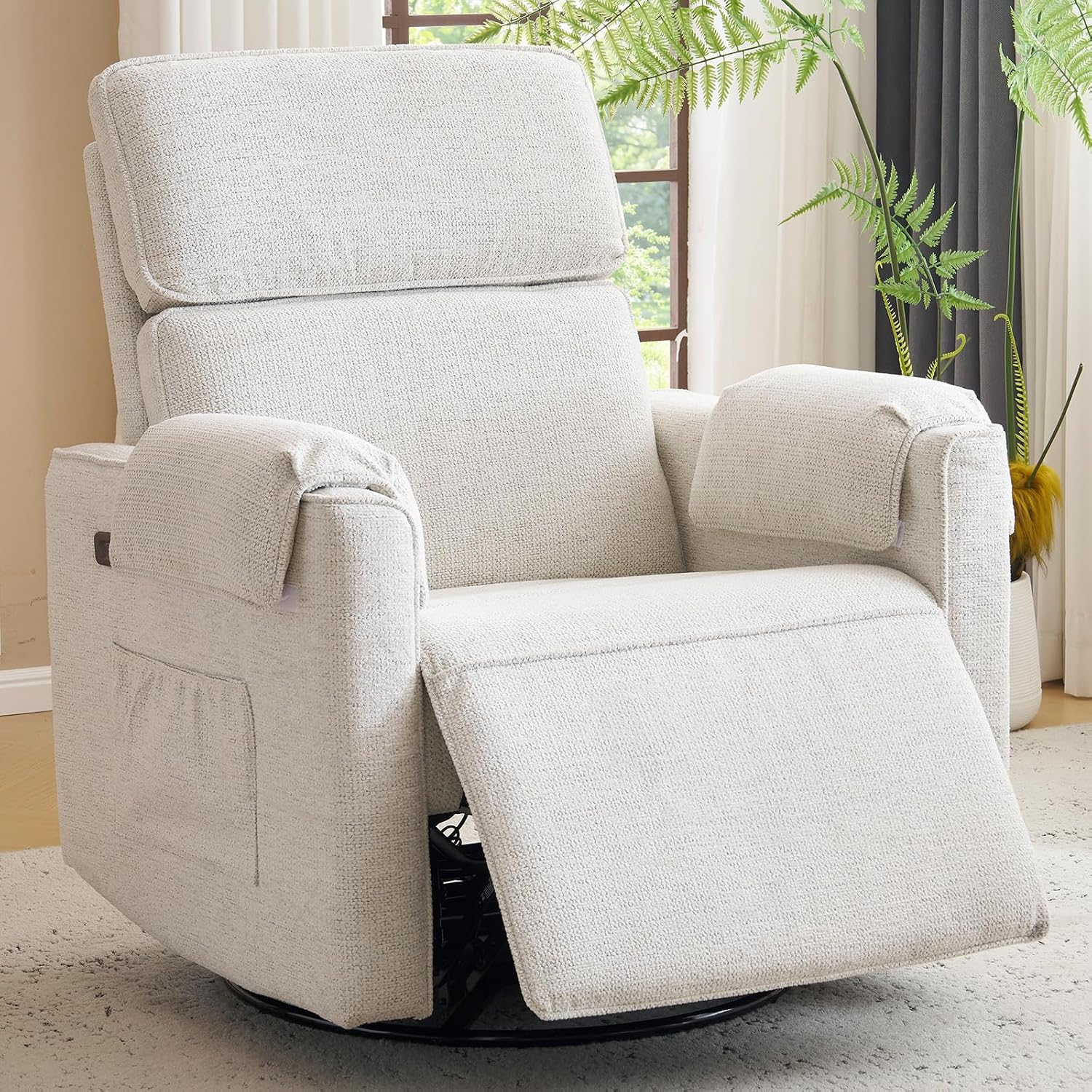 Oversized Power Recliner Chair Swivel Glider with Adjustable Headrest, 26' Extra Wide Glider Nursery Chair with Overstuffed Armrest, USB Ports, Chenille Fabric, White