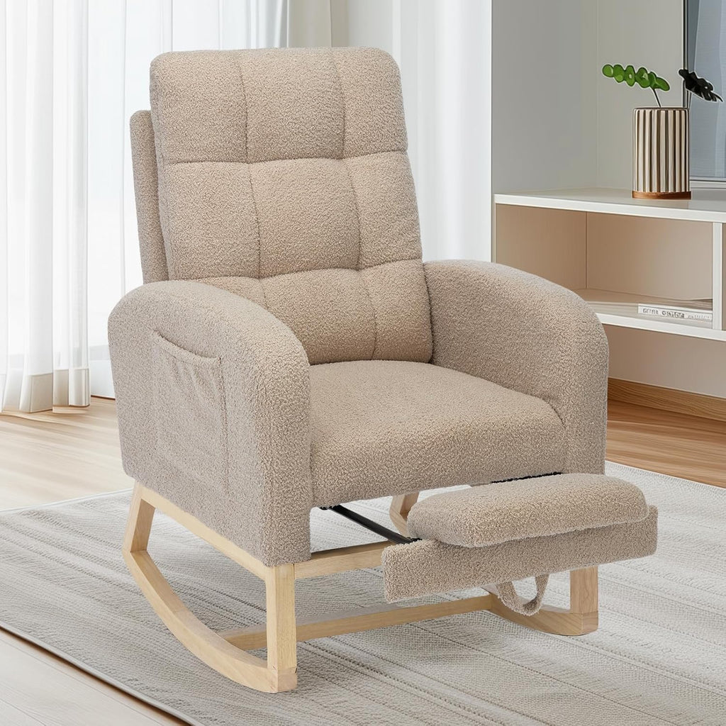 Nursery Rocking Chair, Polyester Upholstered Glider Chair with Footrest, Comfy Rocker Chair, Accent Chair with High Backrest, Glider Rocker, Armchair for Living Room (Brown Teddy)