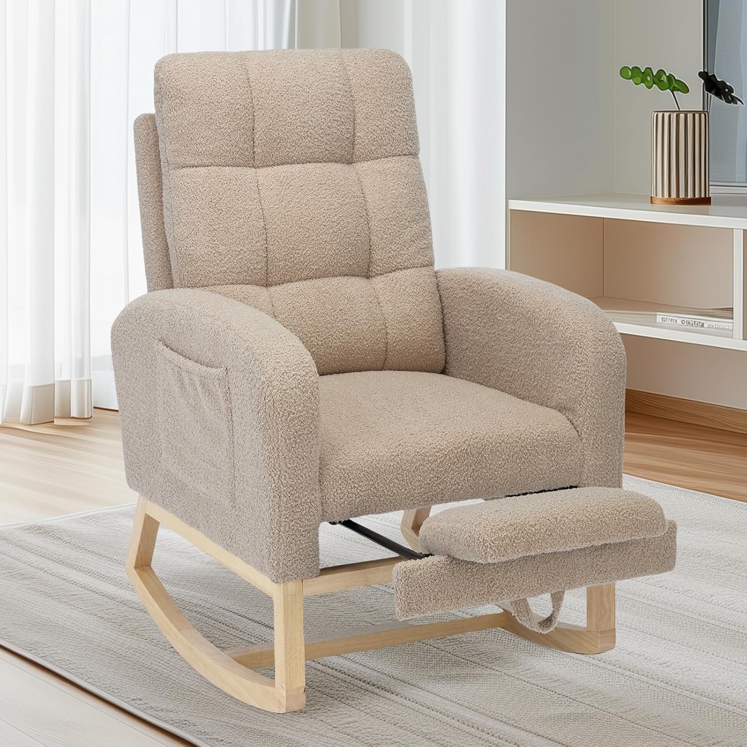 Nursery Rocking Chair, Polyester Upholstered Glider Chair with Footrest, Comfy Rocker Chair, Accent Chair with High Backrest, Glider Rocker, Armchair for Living Room (Brown Teddy)