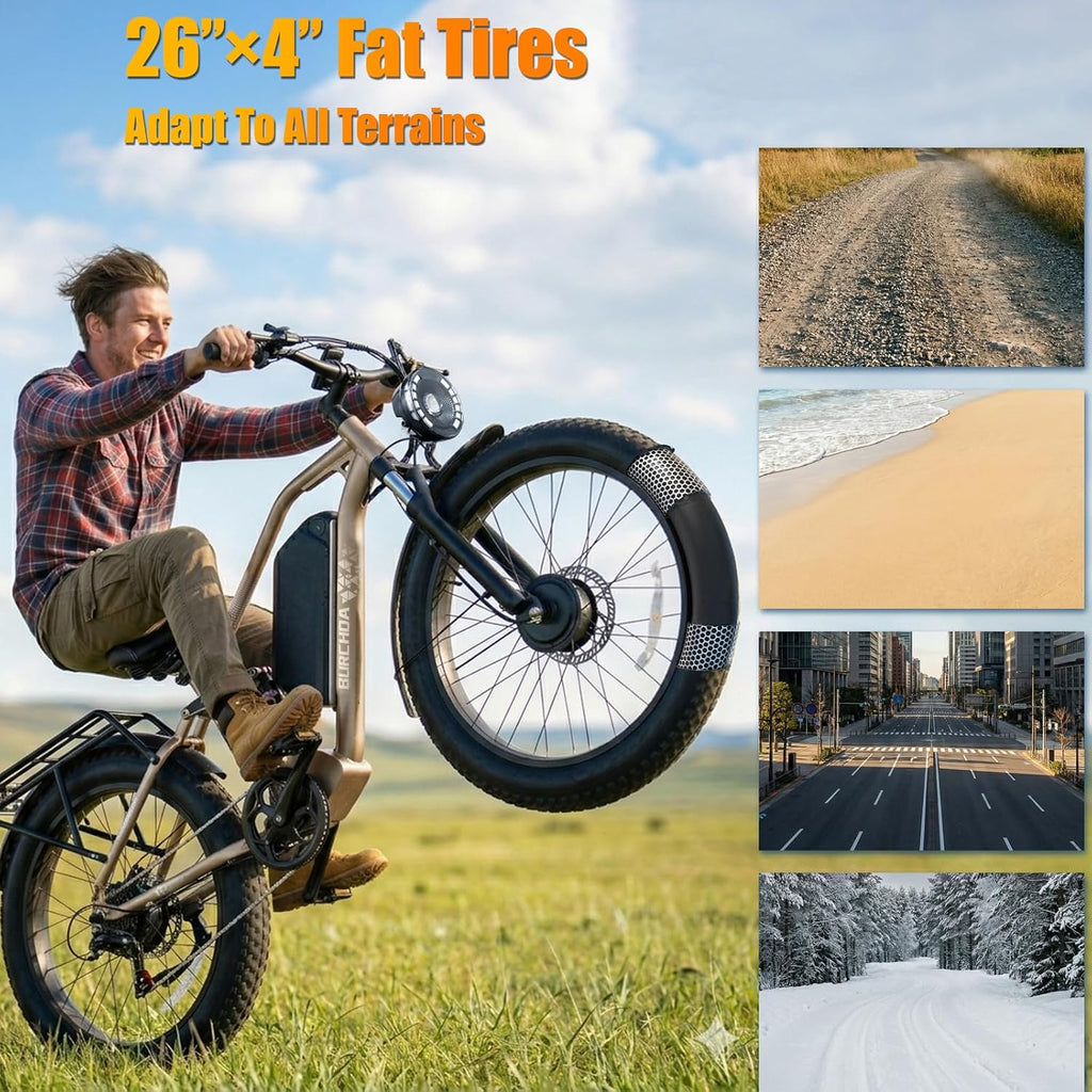 2026 Dual Motor Electric Bike for Adults AWD 5000W/3000W Peak 40 MPH/30 MPH E Dirt Bike, 52V/48V Removable Battery 65/80/150 Miles Max Long Range with Full Suspension 26' Fat Tires Mountain Bike