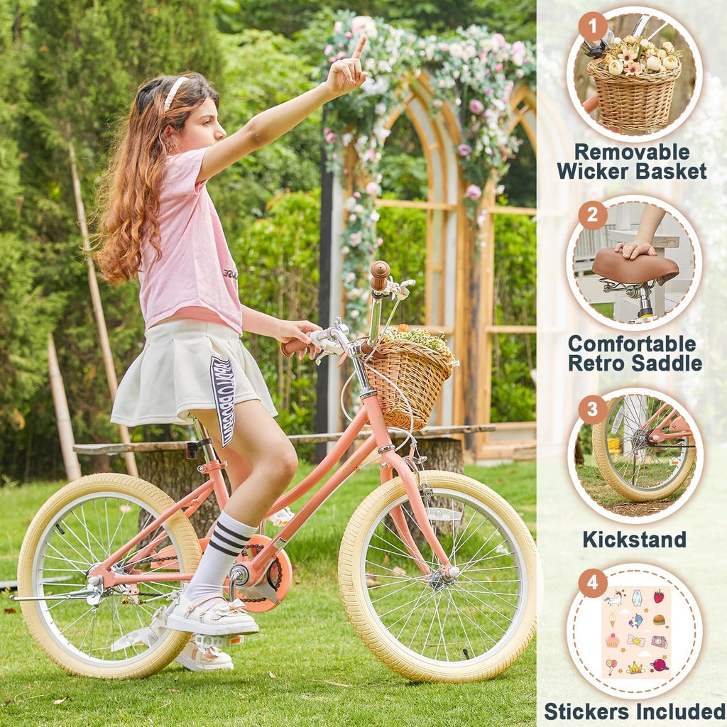 Petimini Vintage Kids Bike for Girls, 12–20 Inch Classic Bicycle with Wicker Basket & Bell, High Tensile Steel Frame, Training Wheels (12–18'), 85% Pre-Assembled, Retro Bike for Outdoor Riding