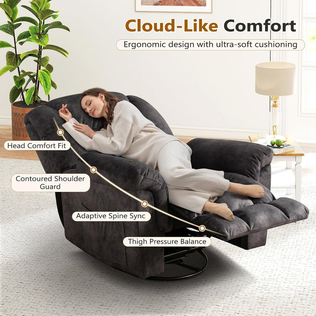 ANJ 2PCS Oversized Rocker Recliner Chairs Set, Manual 360° Swivel Recliners, Comfy Glider Rocking Chairs for Big Man, Extra Wide Overstuffed Reclining Chairs with Side Pocket for Living Room, Grey