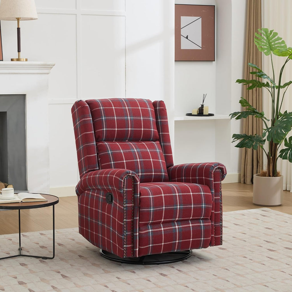 Swivel Rocker Recliner Chair, Manual Rocking Recliner Chair, Wingback Swivel Recliner Chair, Glider 360 Degree Swivel Chair with Padded Seat, Swivel Recliner Chairs for Living Room - Red