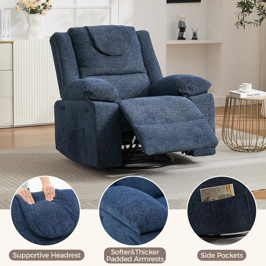 Rocking Nursery Glider Recliner Chair,360° Swivel Rock Recliner Chairs Single Sofa with Vibration Massage and Heating for Living Room/Bedroom,Blue
