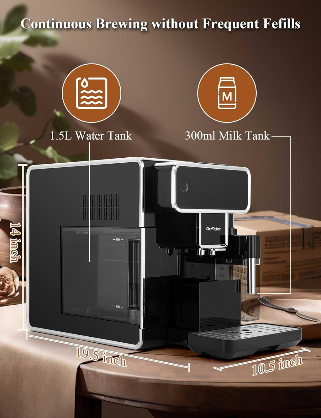 Chef Robot Automatic Espresso Machine Coffee Maker 12 Cup with Grinder Cappuccino Latte Americano Machine with Milk Frother for Home/Office (Black)