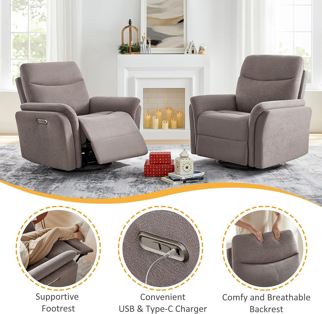 VANOMi Power Recliner Chair Swivel Glider, Electric Rocking Recliner Chairs with USB and Type-C Ports, Nursery Chair Recliner for Living Room, Bedroom, Apartment（Light Brown）
