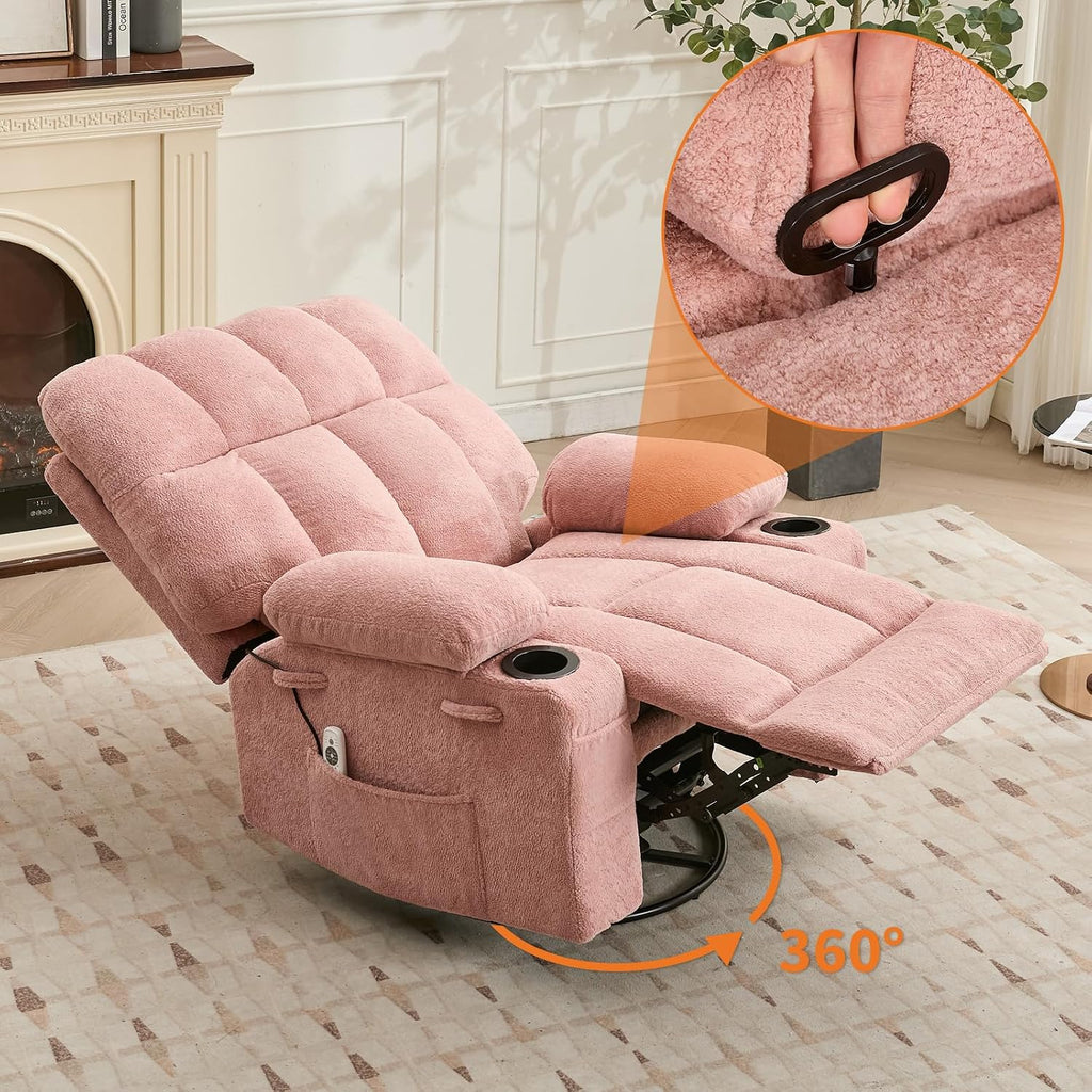 IDEALHOUSE Rocking Recliner Chair with Heat, 38.5' Oversized Swivel Rocker Recliner with Massage, Side Pockets & Cup Holders, Reclining Sofa for Living Room, Bedroom (Pink, Linen)