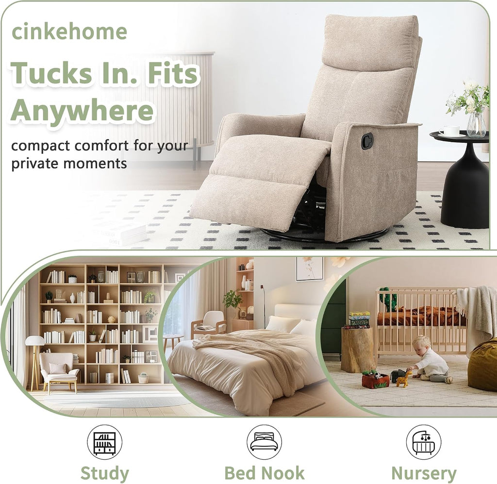 cinkehome Swivel Rocker Recliner Chair with Heated Massage, Rocking Reclining Chairs for Nursery, Small Spaces, High Back, Side Pocket