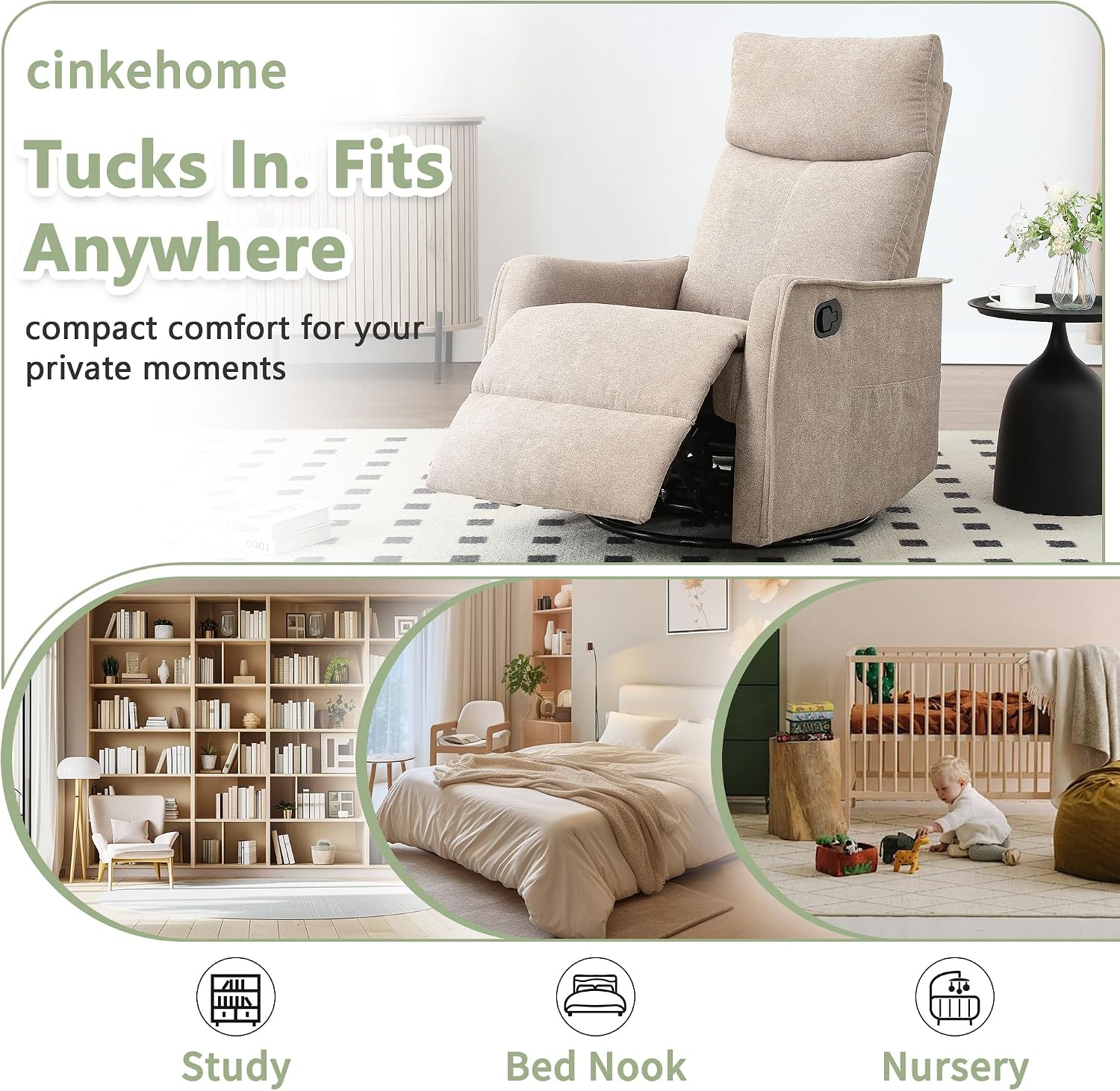 cinkehome Swivel Rocker Recliner Chair with Heated Massage, Rocking Reclining Chairs for Nursery, Small Spaces, High Back, Side Pocket