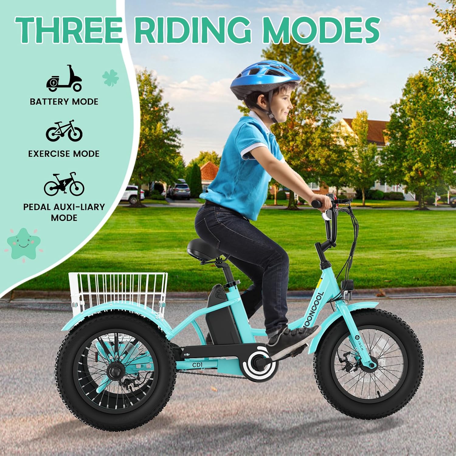 LILYPELLE Electric Tricycle for Youth, 250W Aluminum Frame Electric Tricycle Etrike, 16IN 3 Wheels Electric Bicycle Bikes, 3.0 Fat Tire Electric Trike with Removable Battery and Rear Basket