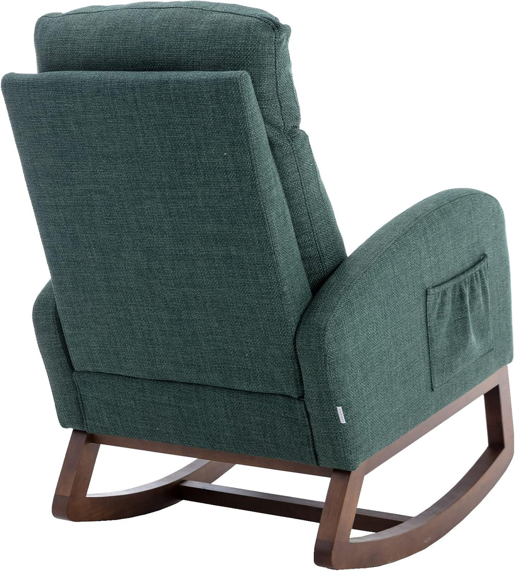 Modern Rocking Chair with Breathable Yellow Linen & Solid Wood Legs - Recliner Glider Armchair Featuring Side Pocket, High Back Support for Nursery, Living Room, Bedroom (Emerald)