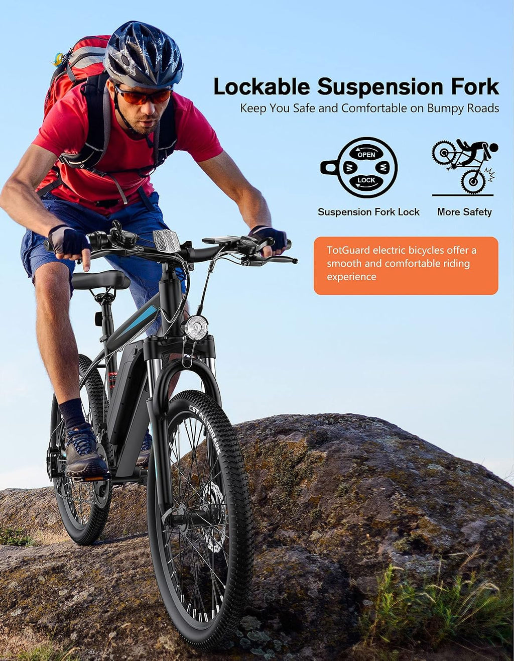 TotGuard Electric Bike for Adults, 26' Ebike with Peak 500W Brushless Motor, Electric Mountain Bike with 374Wh Removable Battery, 50 Miles Electric Bicycle with Suspension Fork, 21 Speed, LCD Display.