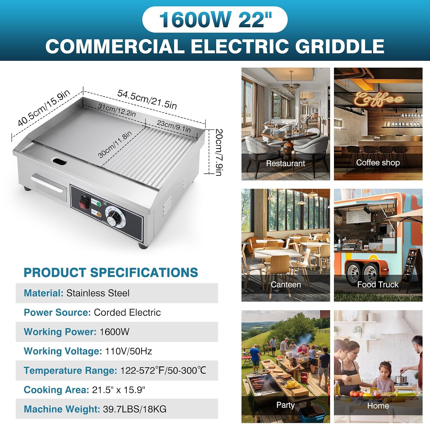 IRONWALLS Electric Griddle Nonstick 22 Inch, Stainless Steel Commercial Griddle for Indoor & Outdoor, 2-IN-1 Half Flat Top Griddle Grill for Restaurant & Home, 122℉-572℉ Adjustable Temperature