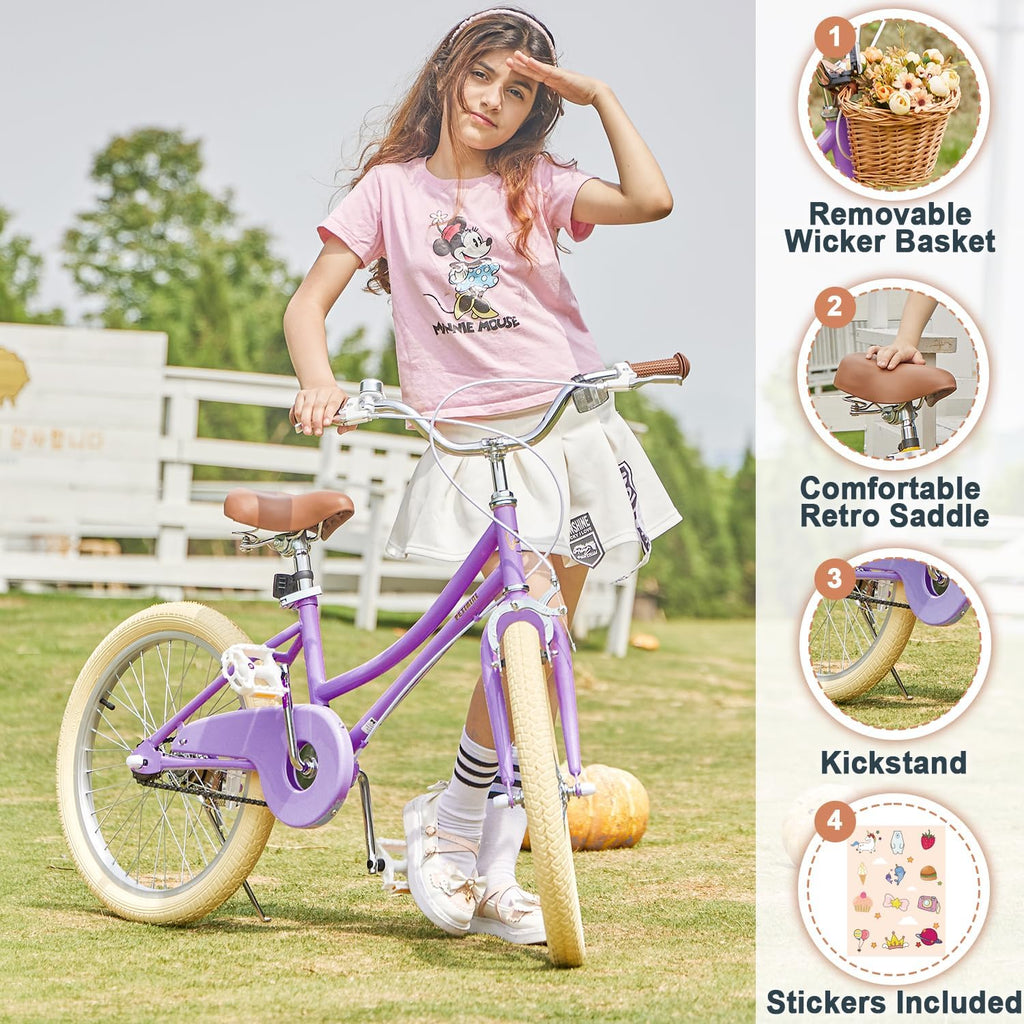 Petimini Vintage Kids Bike for Girls, 12–20 Inch Classic Bicycle with Wicker Basket & Bell, High Tensile Steel Frame, Training Wheels (12–18'), 85% Pre-Assembled, Retro Bike for Outdoor Riding