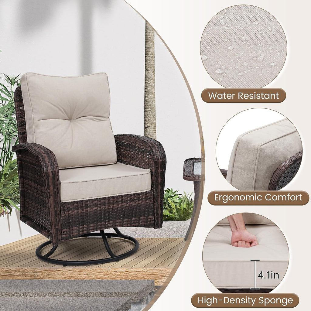 wildformers Luxury Outdoor Swivel Wicker Glider Patio Chairs with Table Set, Overstuffed Washable Cushions, Ideal for Porch, Balcony, Deck, Brown Rattan and Beige Cushion