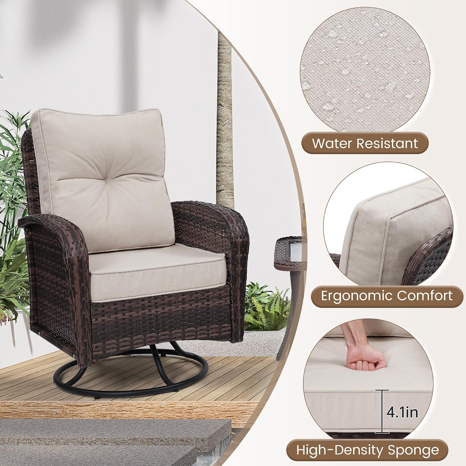 wildformers Luxury Outdoor Swivel Wicker Glider Patio Chairs with Table Set, Overstuffed Washable Cushions, Ideal for Porch, Balcony, Deck, Brown Rattan and Beige Cushion