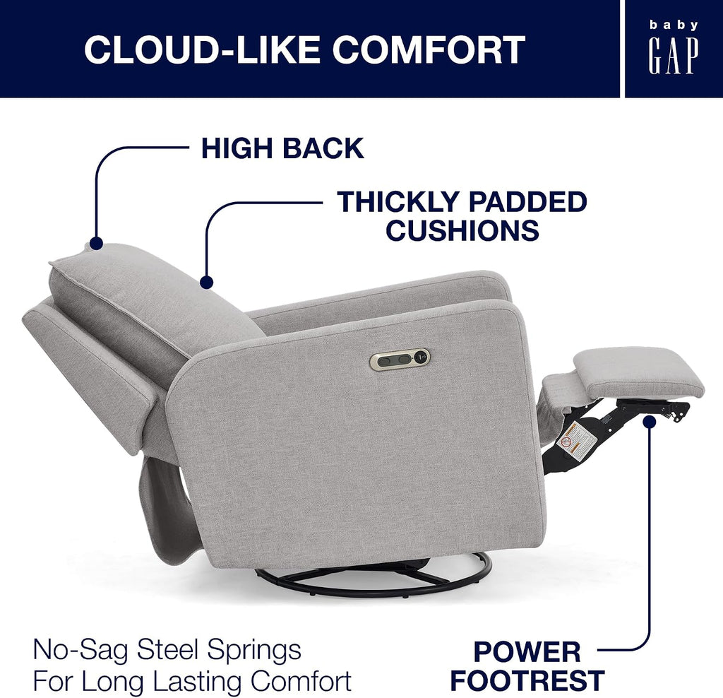 babyGap Harlowe Power Recliner with USB-A & Charging Port by Delta Children - Greenguard Gold Certified – Stain-Resistant Performance Fabric is Oeko-TEX Standard 100 Certified, Ash