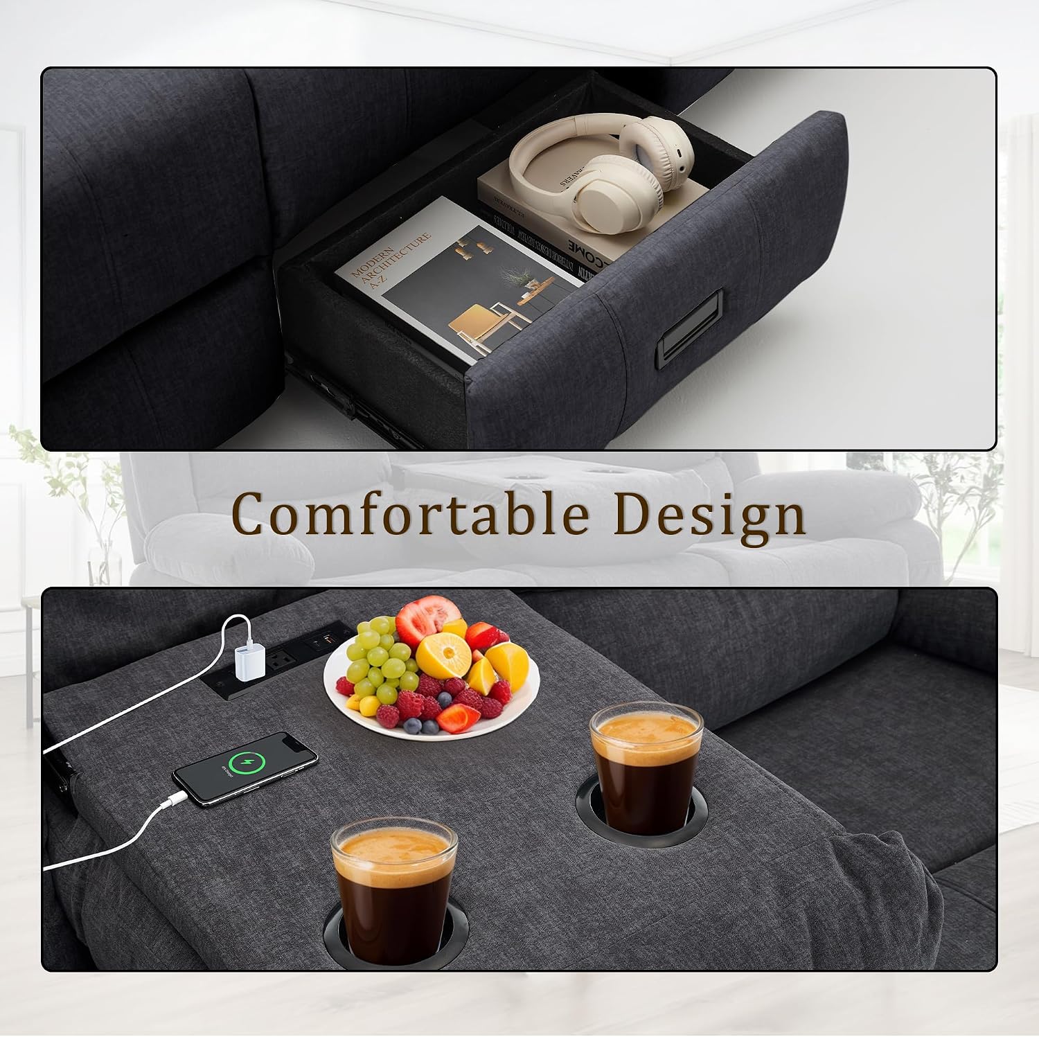 Korser Recliner Sofa, Reclining Loveseat with Console, Oversized Reclining Couch with Drop Down Table, 3-Seater Sofa with Cup Holder and Recessed Power Strip, Grey