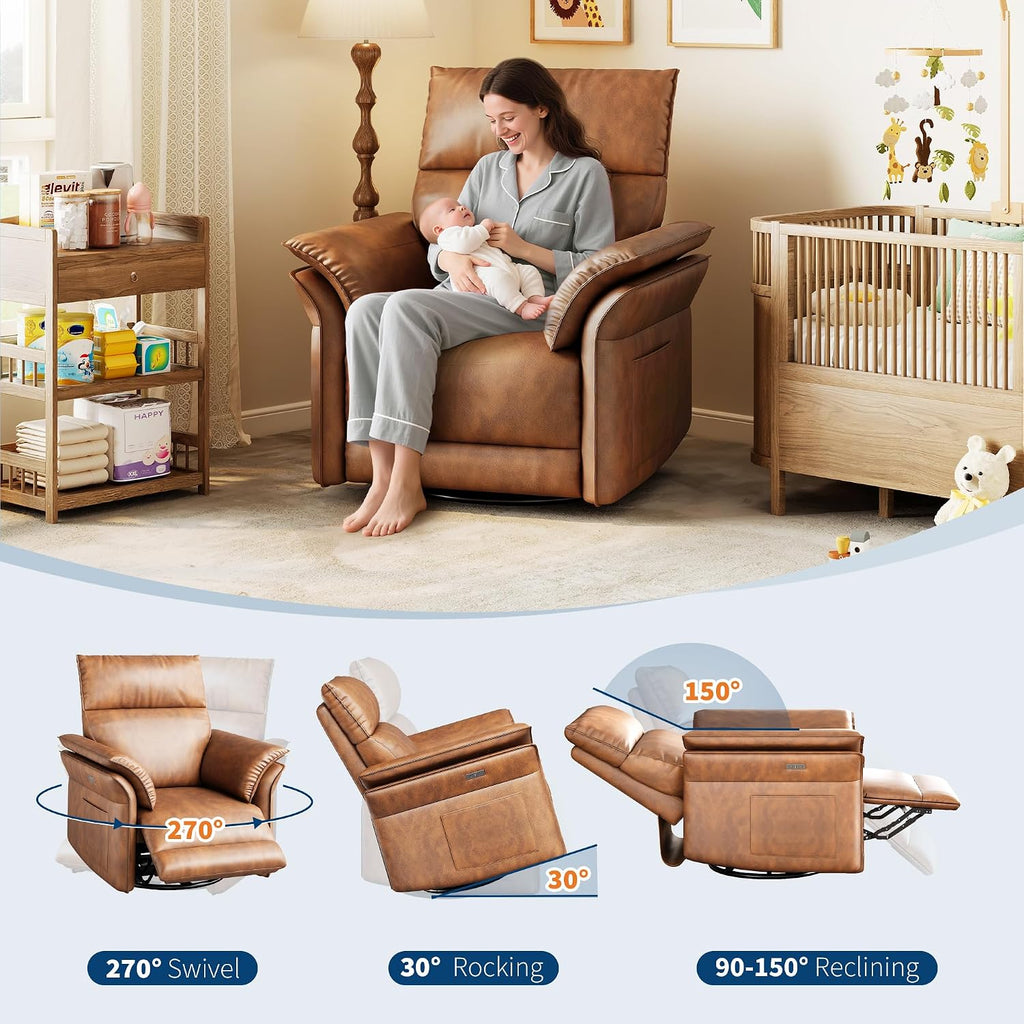 IDEALHOUSE Power Recliner Chair, 270 °Swivel Rocking Glider with USB Charging Port, PU Leather Upholstered Fabric and Double-Layer Armrests, Nursery Chair for Living Room, Nursery (Walnut)