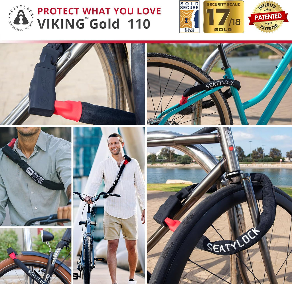Seatylock Viking Bike Chain Lock with Key - Magnetic Patented Sold Secure Rated - Heavy Duty Anti Theft - Smart Ultra Security Bicycle Lock (43.31 Inch, Gold Rated)