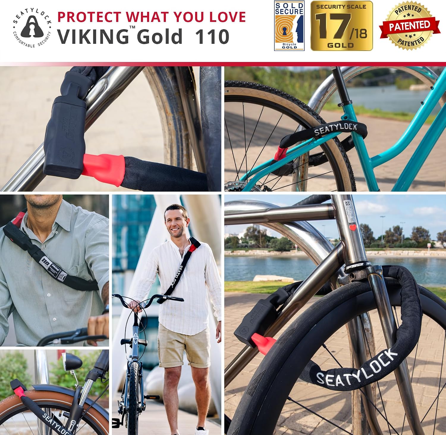 Seatylock Viking Bike Chain Lock with Key - Magnetic Patented Sold Secure Rated - Heavy Duty Anti Theft - Smart Ultra Security Bicycle Lock (43.31 Inch, Gold Rated)