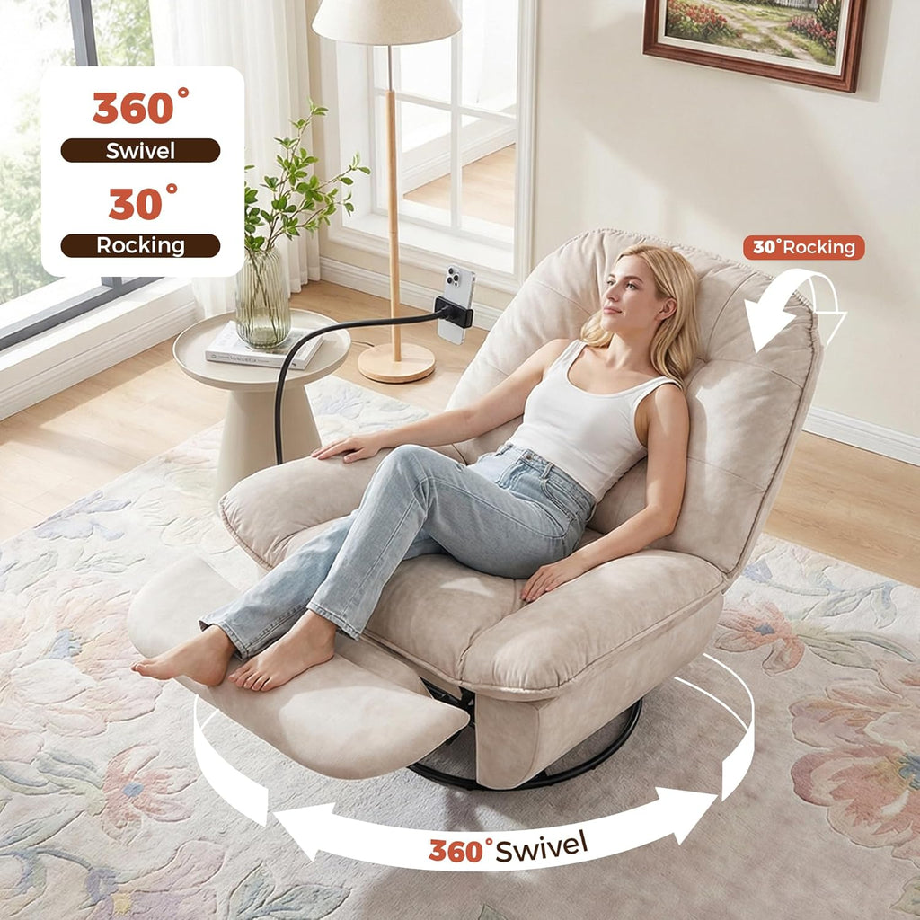 Swivel Rocker Recliner Chair for Adult, Glider Nursery Rocking Chair, Armless Manual Single Recliner Sofa for Living Room, Oversized & Overstuffed, Phone Holder Included, Beige Velvet