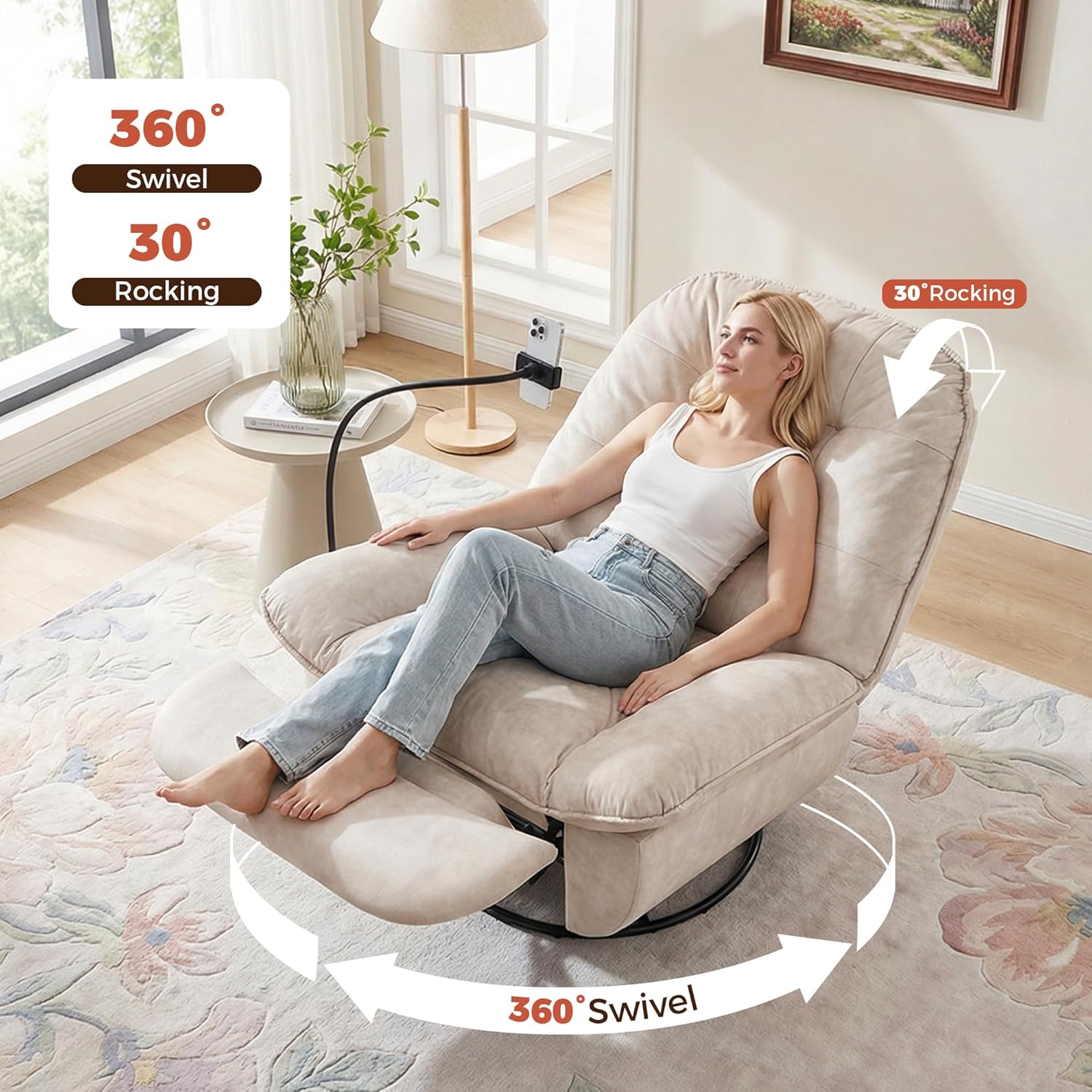 Swivel Rocker Recliner Chair for Adult, Glider Nursery Rocking Chair, Armless Manual Single Recliner Sofa for Living Room, Oversized & Overstuffed, Phone Holder Included, Beige Velvet