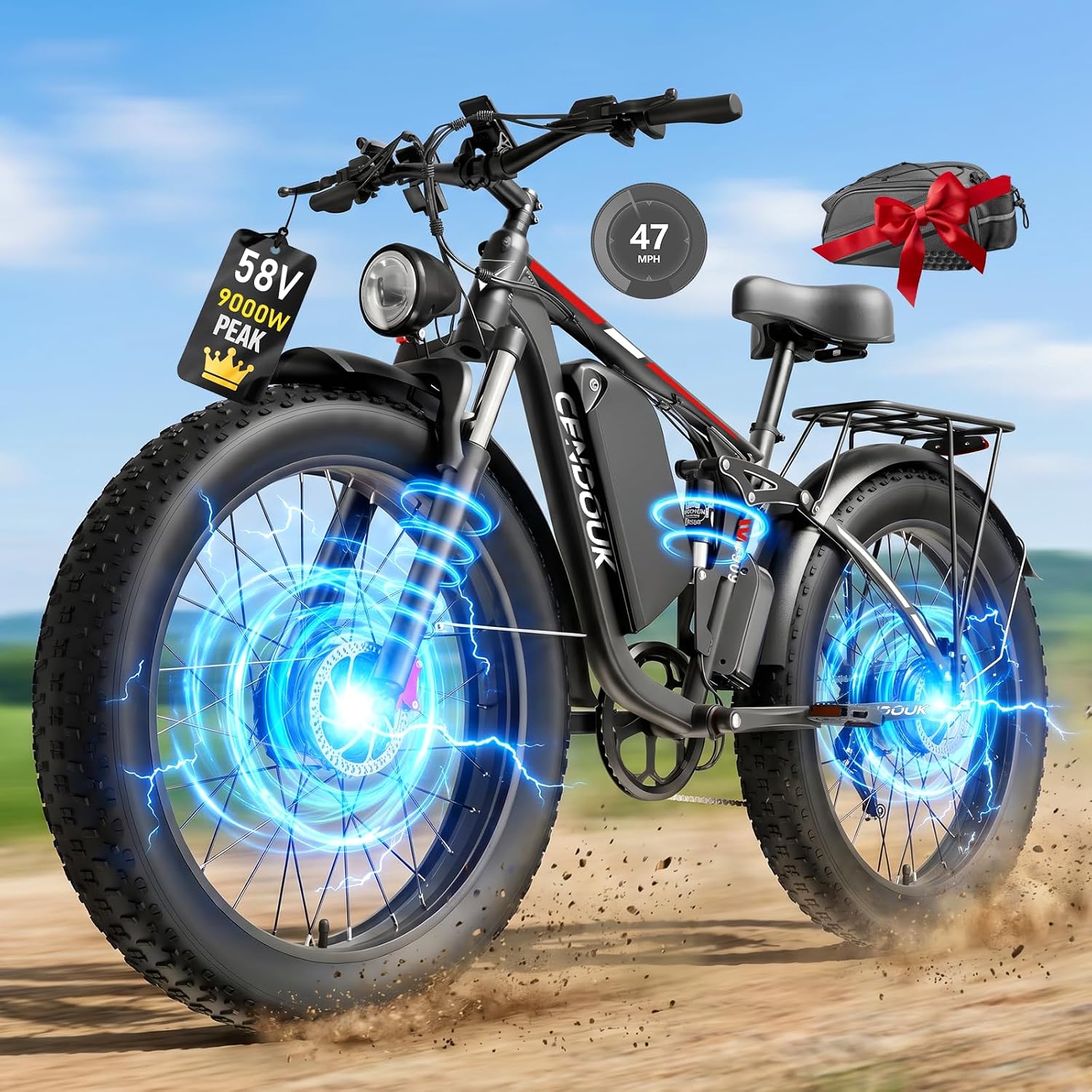 Peak 9000W Dual Motor Ebike for Adults, 58V Max-Output Battery 24Inch Fat Tire Electric Bike, Max 47MP H Speed & 105 Miles Range, Hydraulic Disc Brakes Full Suspension