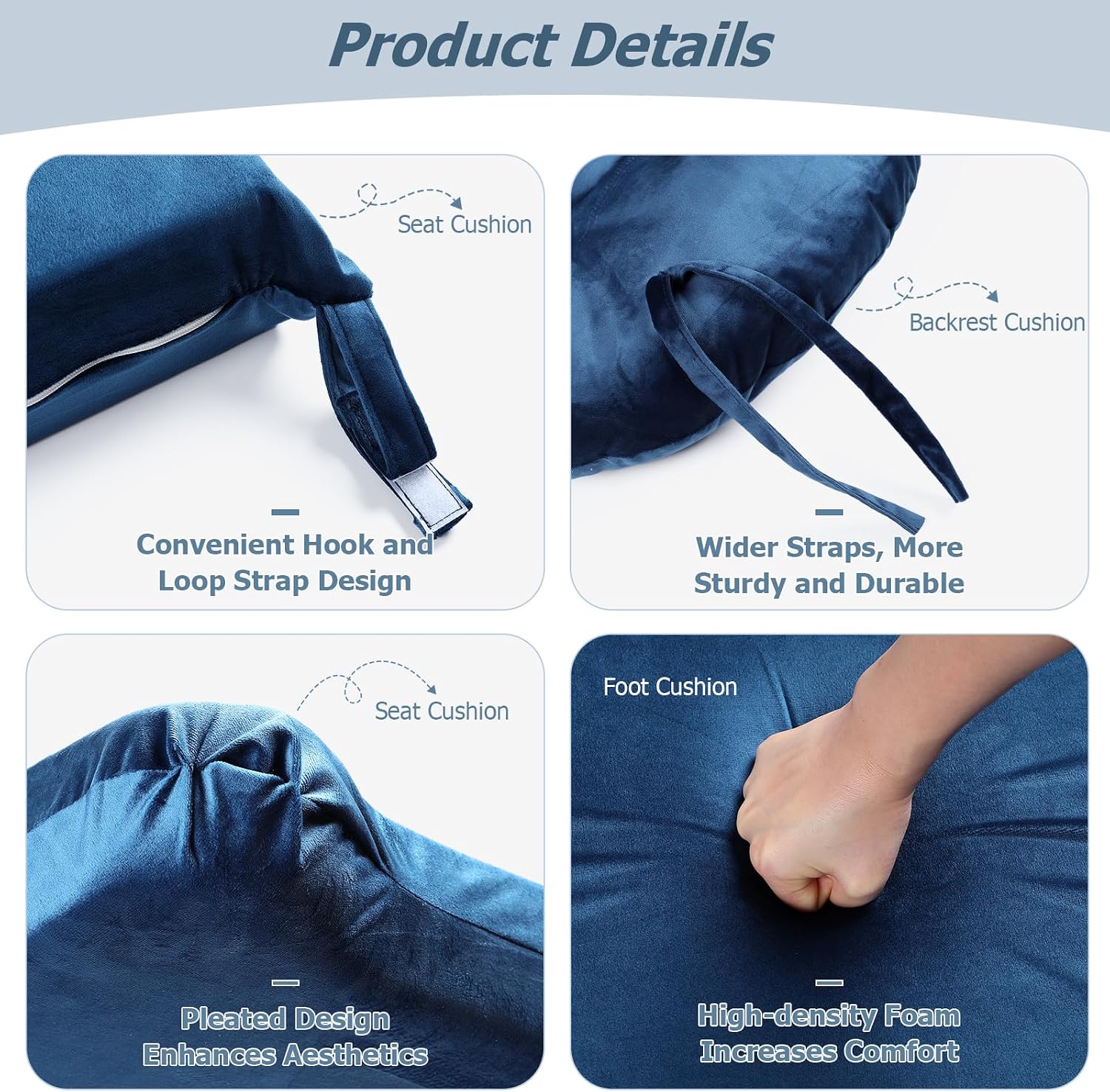 5PCS Glider Rocker Replacement Cushions Thick Soft Velvet Glider Cushions Replacement Set with Ottoman Cushion and Storage Pockets for Nursery Wooden Rocking Chair, Navy Blue