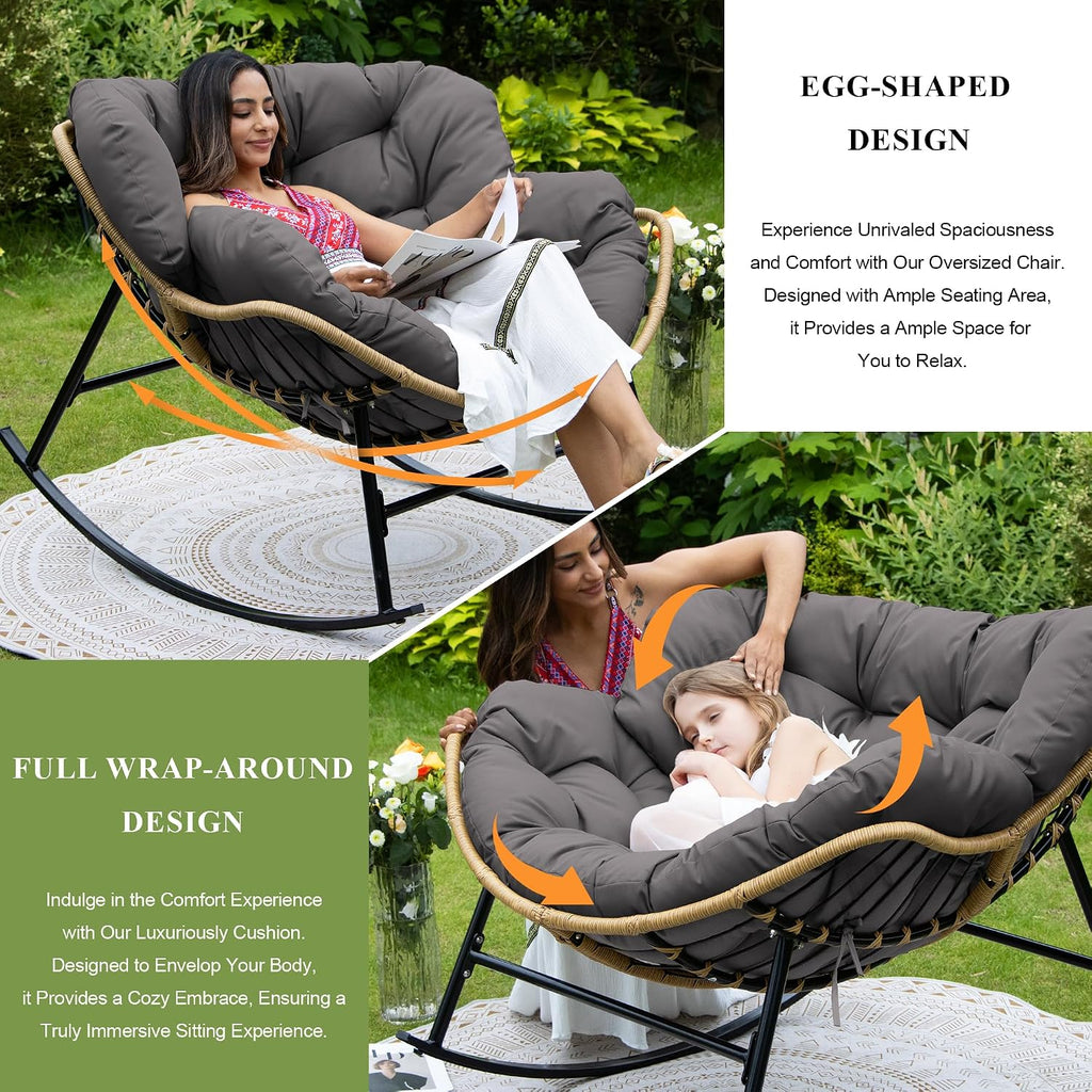 FINCATI 2 PCS Indoor Outdoor Papasan Rocking Chair, Oversized Double Wide PE Wicker Recliner with Cushion and Frame, 700 lbs Capacity, Comfy Lounge Chairs for Reading, Bedroom, Balcony & Garden Grey