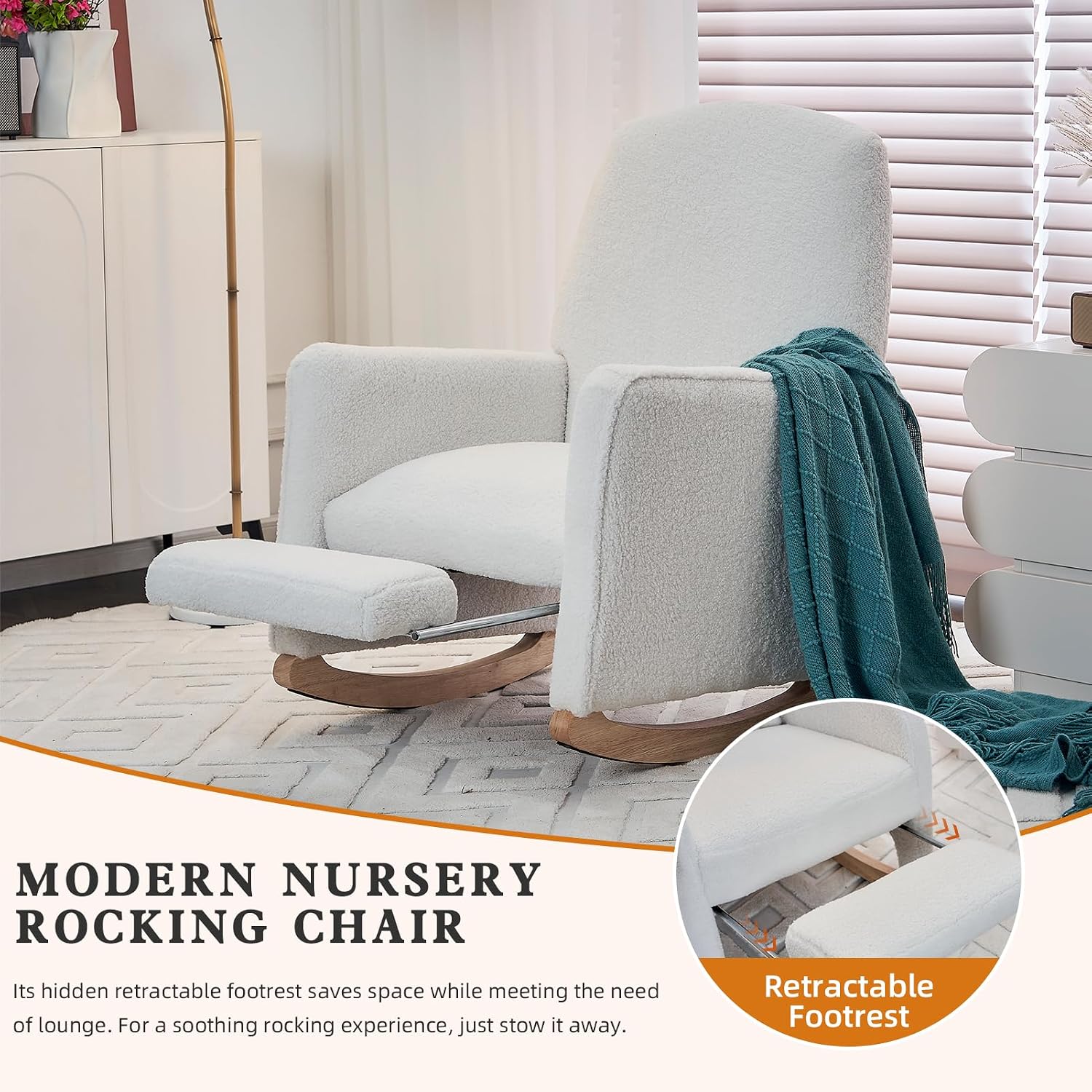 Rocking Chair Nursery with Foot Rest, Teddy Nursing Rocking Chair with High Backrest, Glider Rocker Chair for Living Room, Bedroom, Nursery(Teddy Ivory)